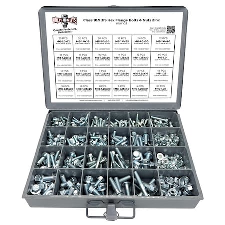 Boltsandnuts.Com Metric Class 10.9 JIS Hex Flange Frame Bolts & Nuts Assortment M6-M10 402 PCS Assortment Kit #103